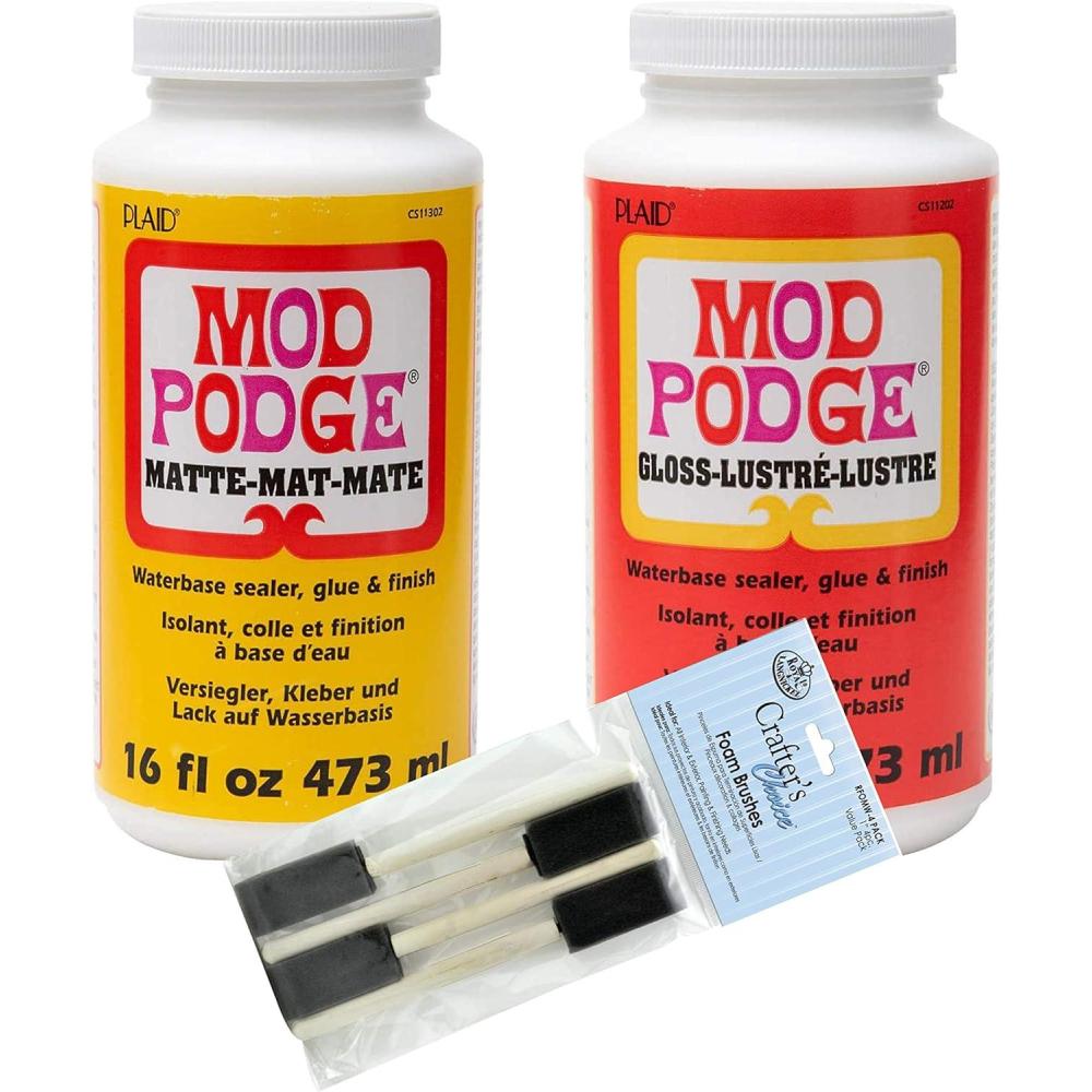 image:imageMod Podge Complete Decoupage KitTwo 16oz Bottles Waterbase SealerGlue Matte Gloss Finish with 4pk Foam Brush Set ClearCrafters Choice Brushes