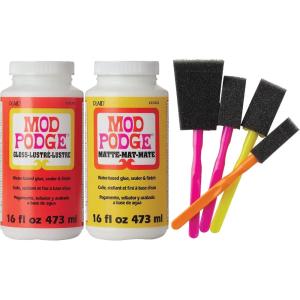 Mod Podge Complete Decoupage Kit-Two 16oz Bottles Waterbase Sealer/Glue (Matte Gloss Finish) with 4-pk Foam Brush Set, Clear(Classic Mod Podge Brushes)